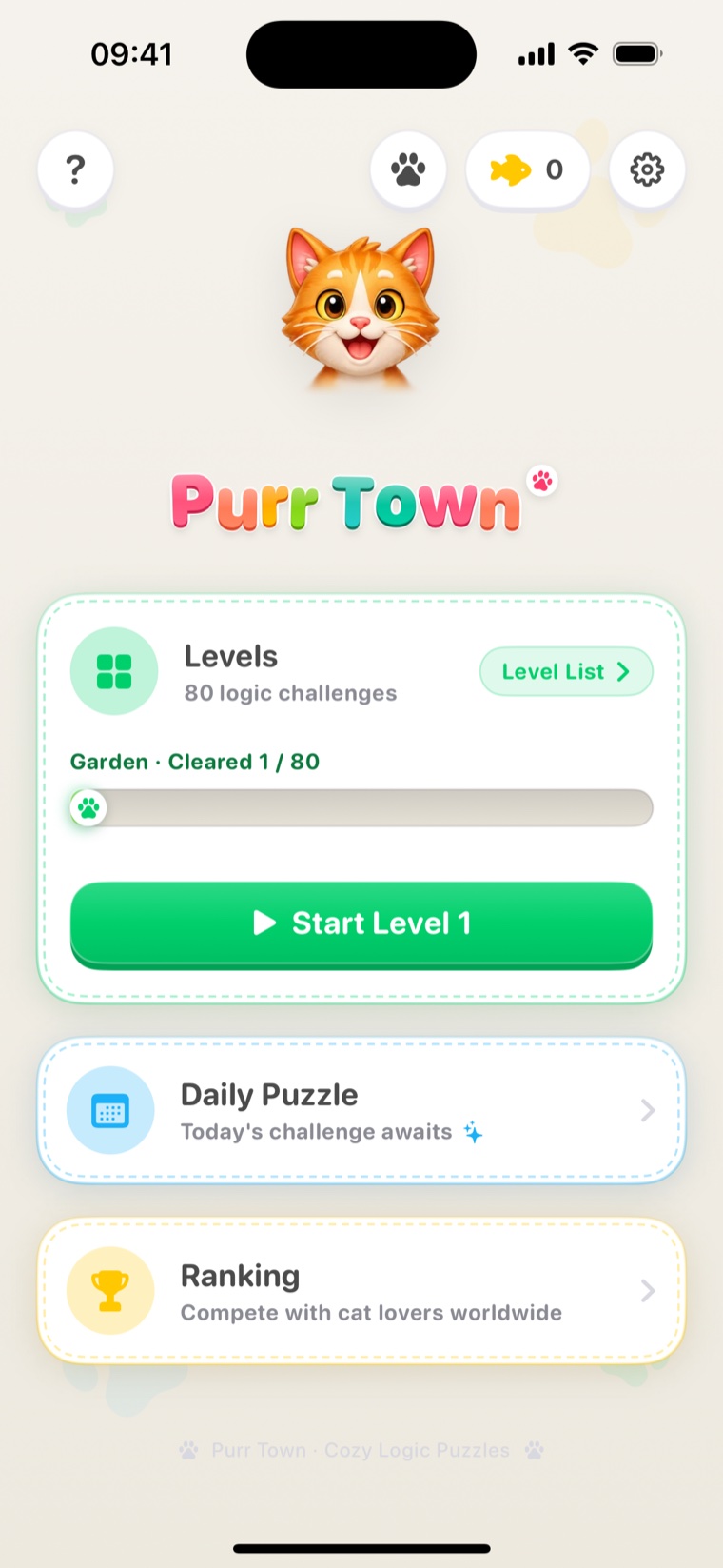 Purr Town home screen